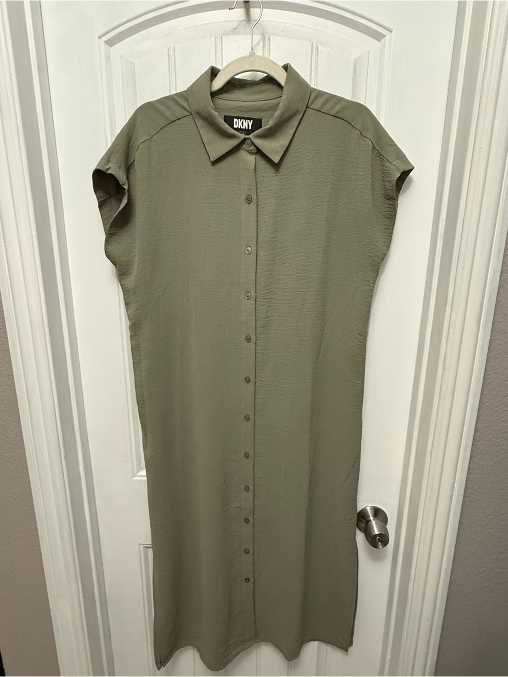 DKNY Womens Olive Green Button Down Midi Shirt Dress Short Sleeve Size 8 (22-14)